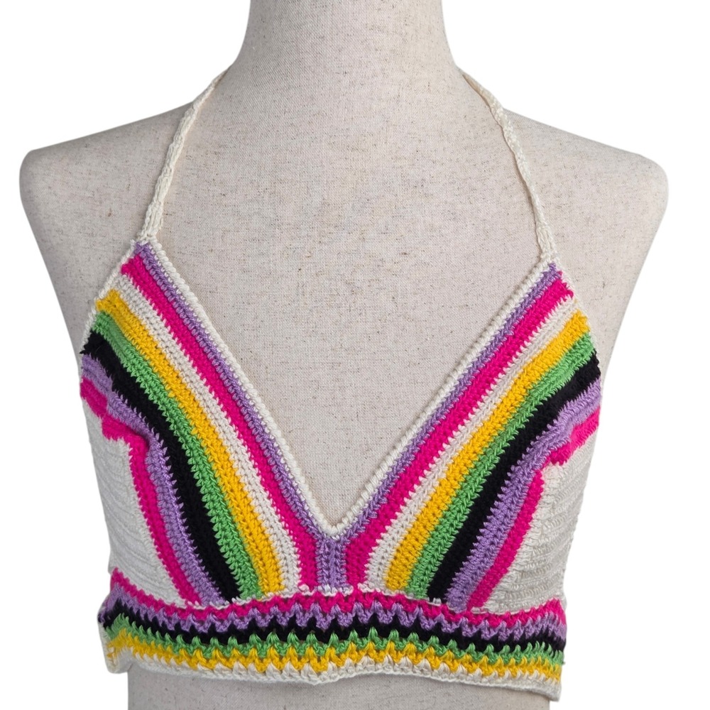 Hand Crafted Cropped Crochet Bikini Multi Color Top SZ S Festival Boho Hippie‎